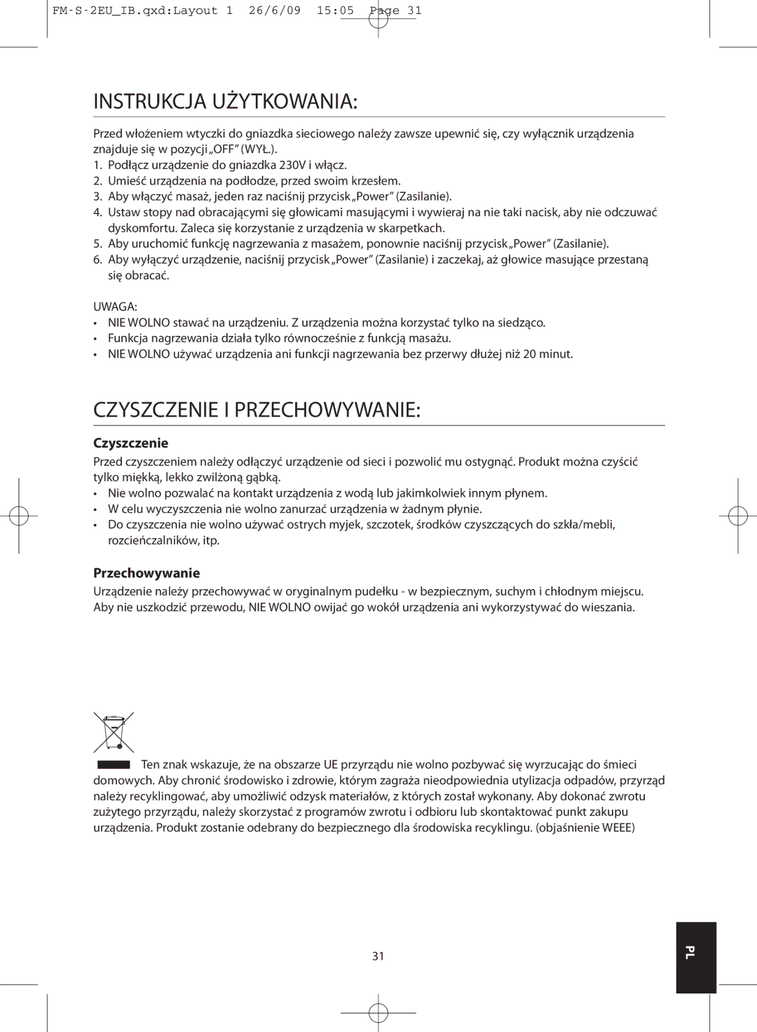 HoMedics FM-S-3GB, FM-S-2EU instruction manual Instrukcja Użytkowania, Czyszczenie I Przechowywanie, Uwaga 