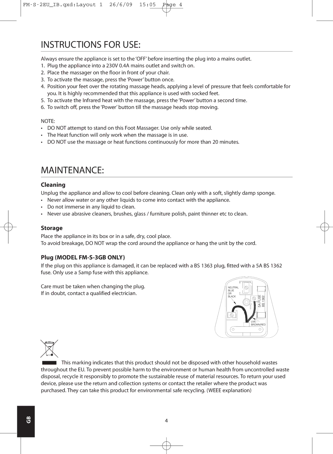 HoMedics FM-S-2EU instruction manual Instructions for USE, Maintenance, Cleaning, Storage, Plug Model FM-S-3GB only 