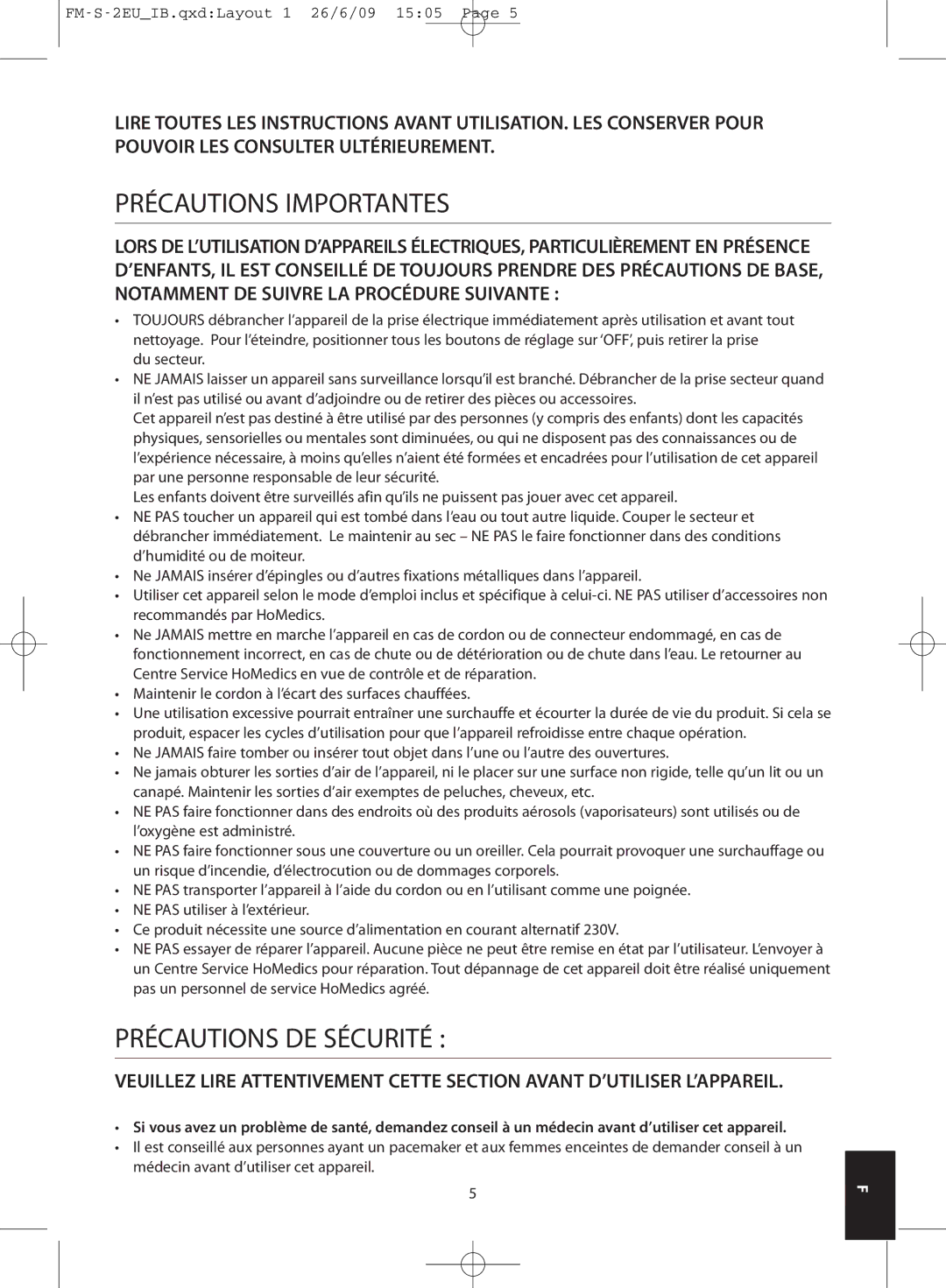 HoMedics FM-S-3GB, FM-S-2EU instruction manual Précautions Importantes, Précautions DE Sécurité 