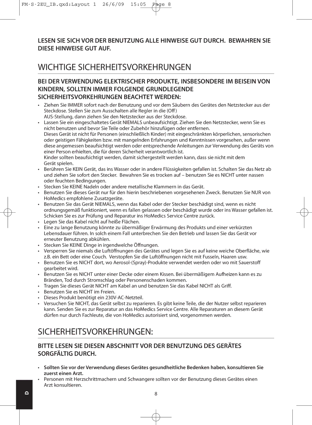 HoMedics FM-S-2EU, FM-S-3GB instruction manual Wichtige Sicherheitsvorkehrungen 