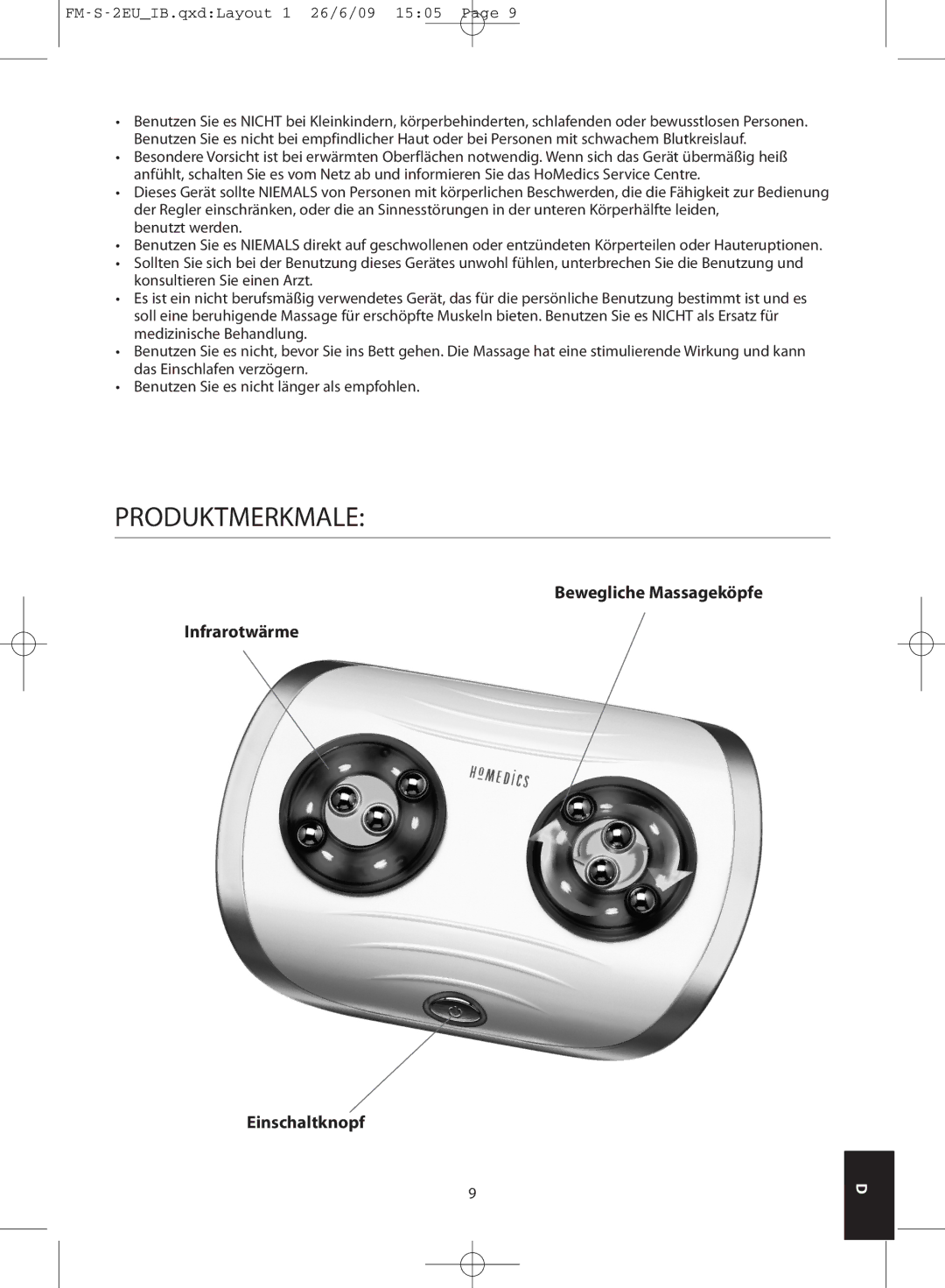 HoMedics FM-S-3GB, FM-S-2EU instruction manual Produktmerkmale, Bewegliche Massageköpfe Infrarotwärme Einschaltknopf 