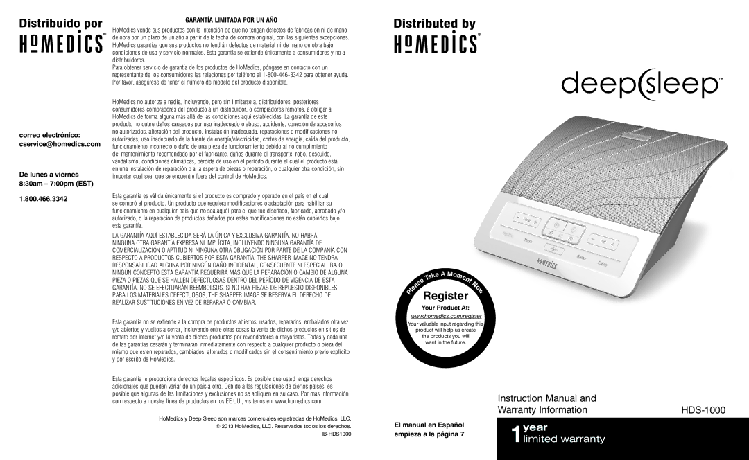 HoMedics HDS-1000 instruction manual Register, Garantía Limitada POR UN AÑO, Your Product At 