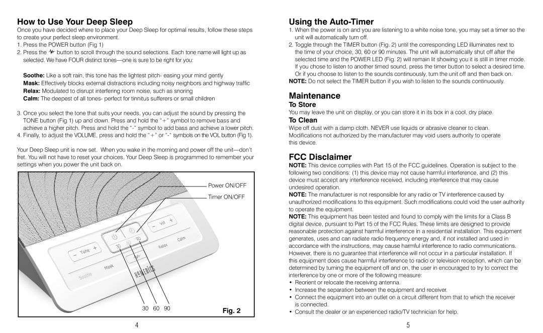 HoMedics HDS-1000 instruction manual How to Use Your Deep Sleep, Using the Auto-Timer, Maintenance, FCC Disclaimer 