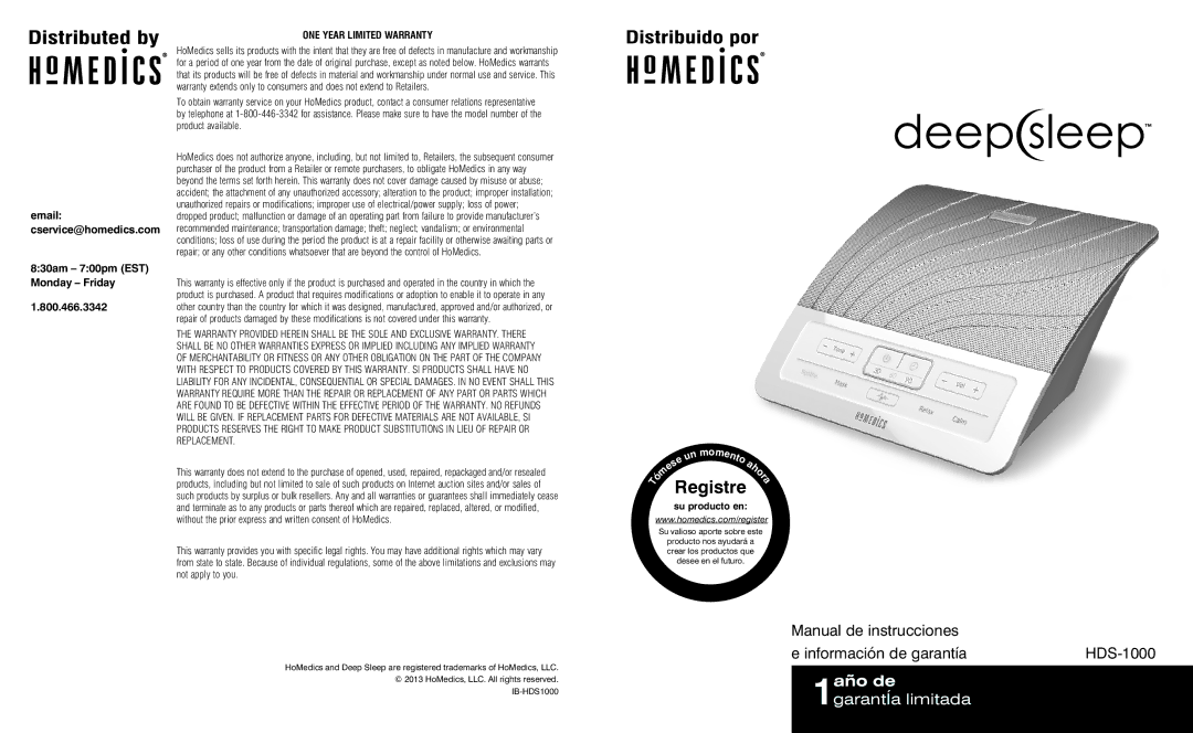 HoMedics HDS-1000 instruction manual Registre, 830am 700pm EST Monday Friday, ONE Year Limited Warranty, Su producto en 