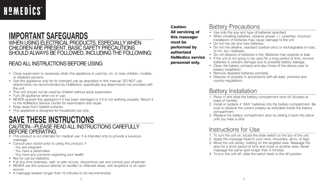 HoMedics HHP-150GR HHP-150BL HHP-150OG instruction manual Important Safeguards, Battery Precautions, Battery Installation 