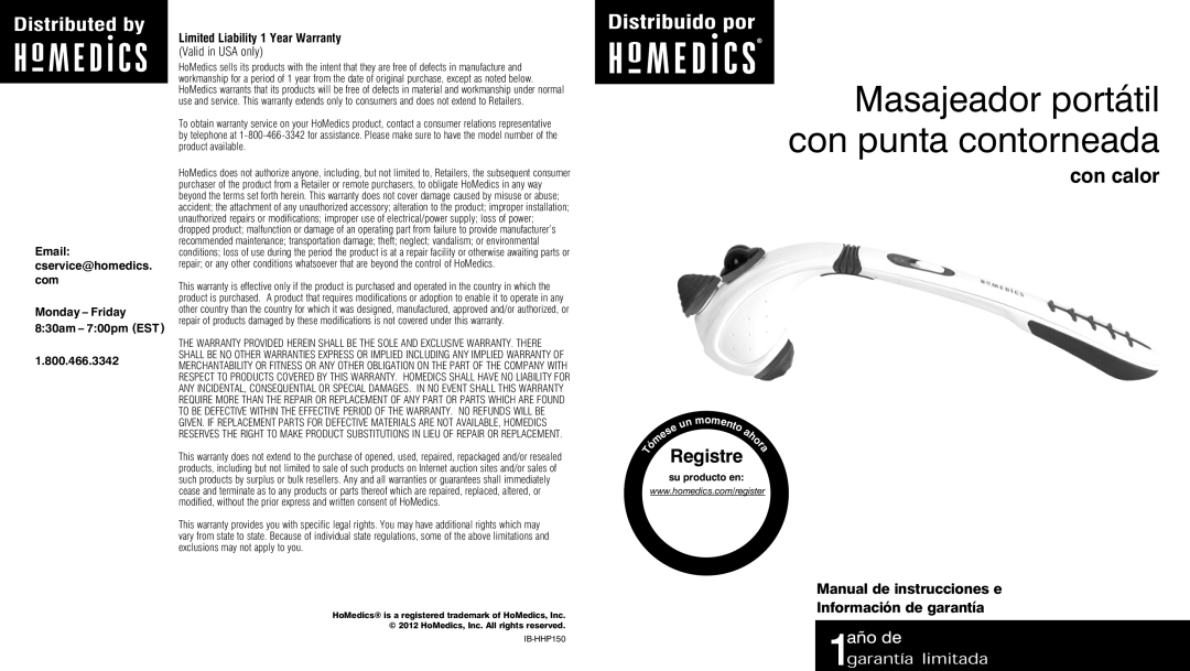 HoMedics HHP-150GR HHP-150BL HHP-150OG Masajeador portátil con punta contorneada, Con calor, Manual de instrucciones e 