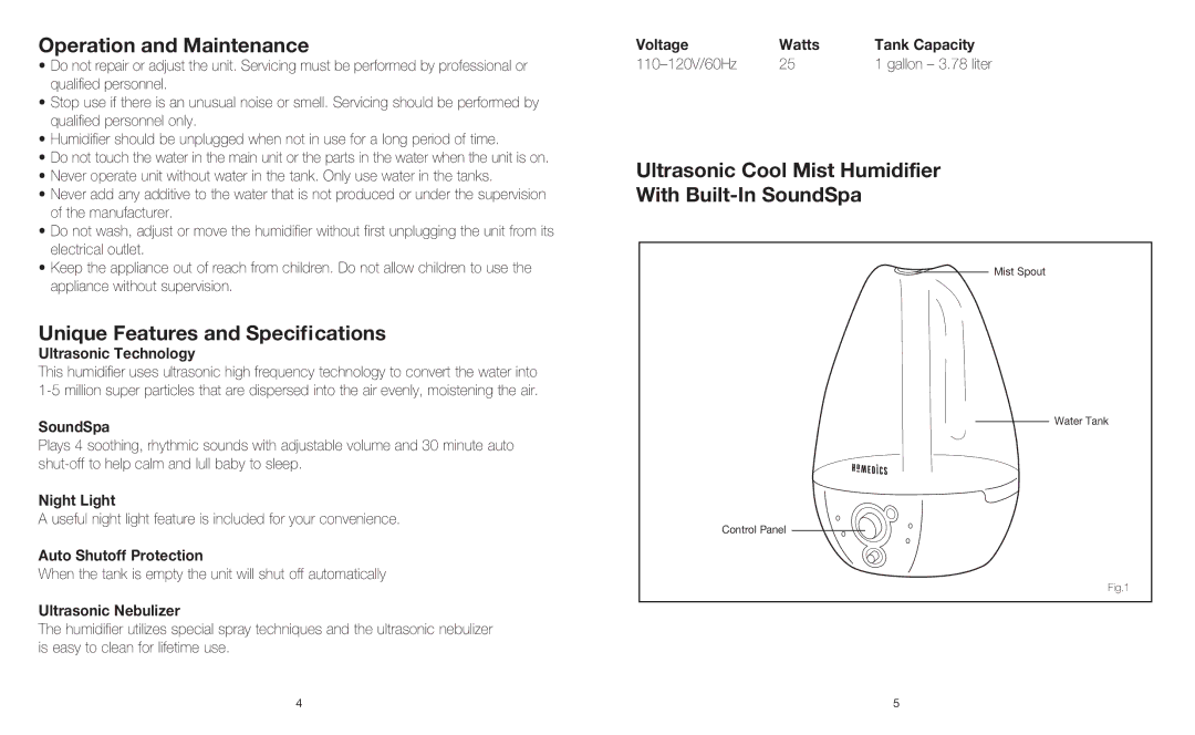 HoMedics HJM-PED1 instruction manual Operation and Maintenance, Unique Features and Specifications 