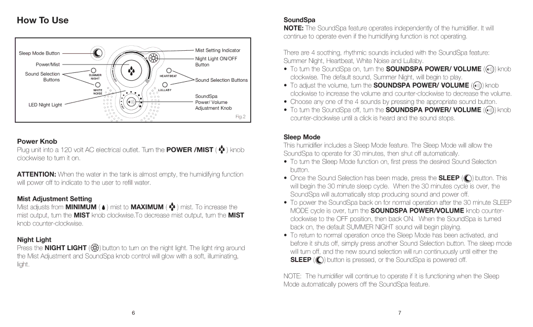 HoMedics HJM-PED1 instruction manual How To Use, Power Knob, Mist Adjustment Setting, Sleep Mode 