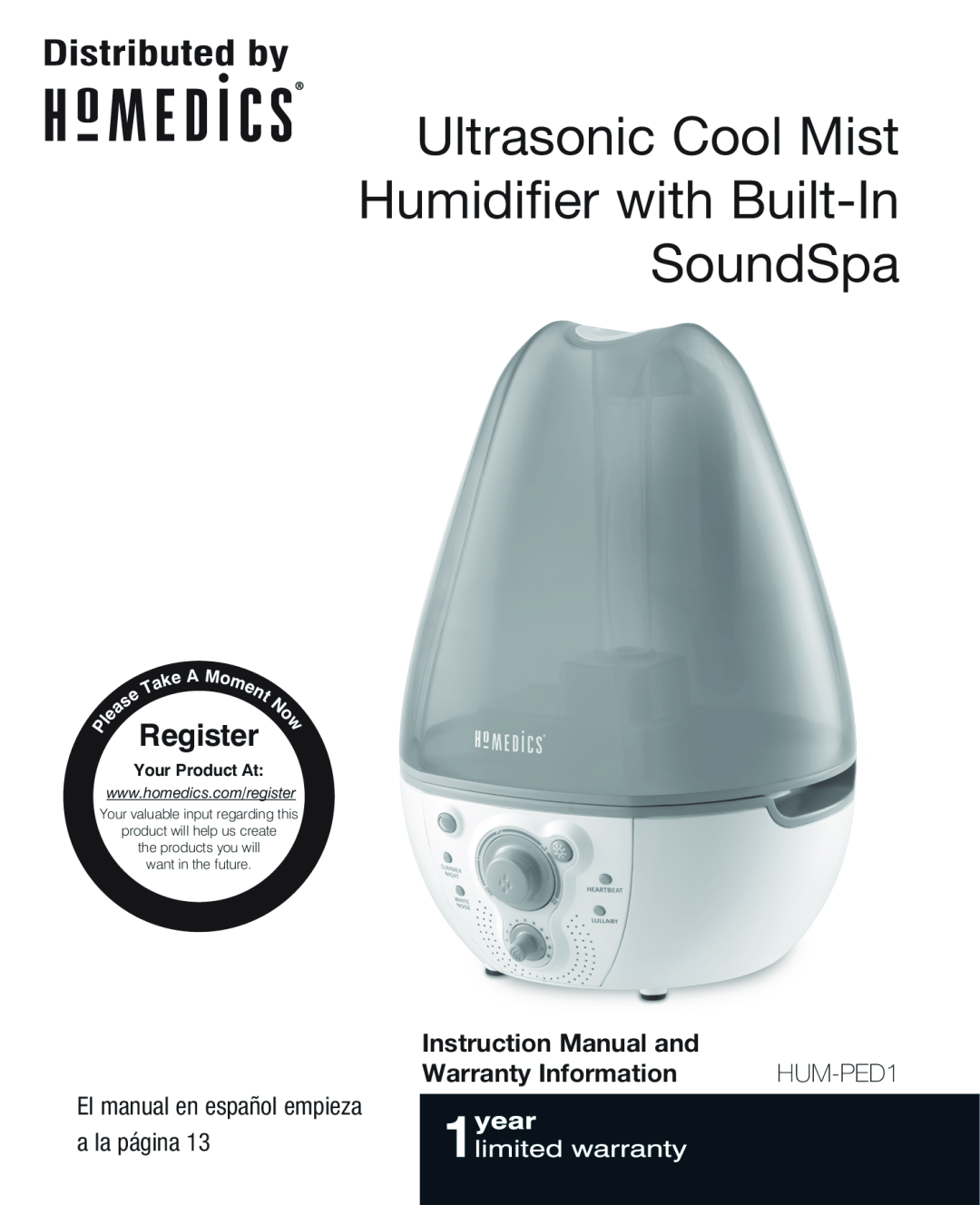 HoMedics HJM-PED1 instruction manual Ultrasonic Cool Mist Humidifier with Built-In, SoundSpa, Register, HUM-PED1, ke A Mo 
