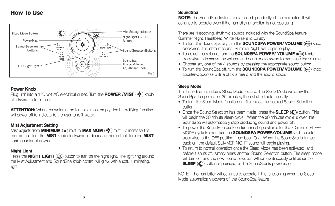 HoMedics HJM-PED1 instruction manual How To Use, Power Knob, Mist Adjustment Setting, Night Light, SoundSpa, Sleep Mode 