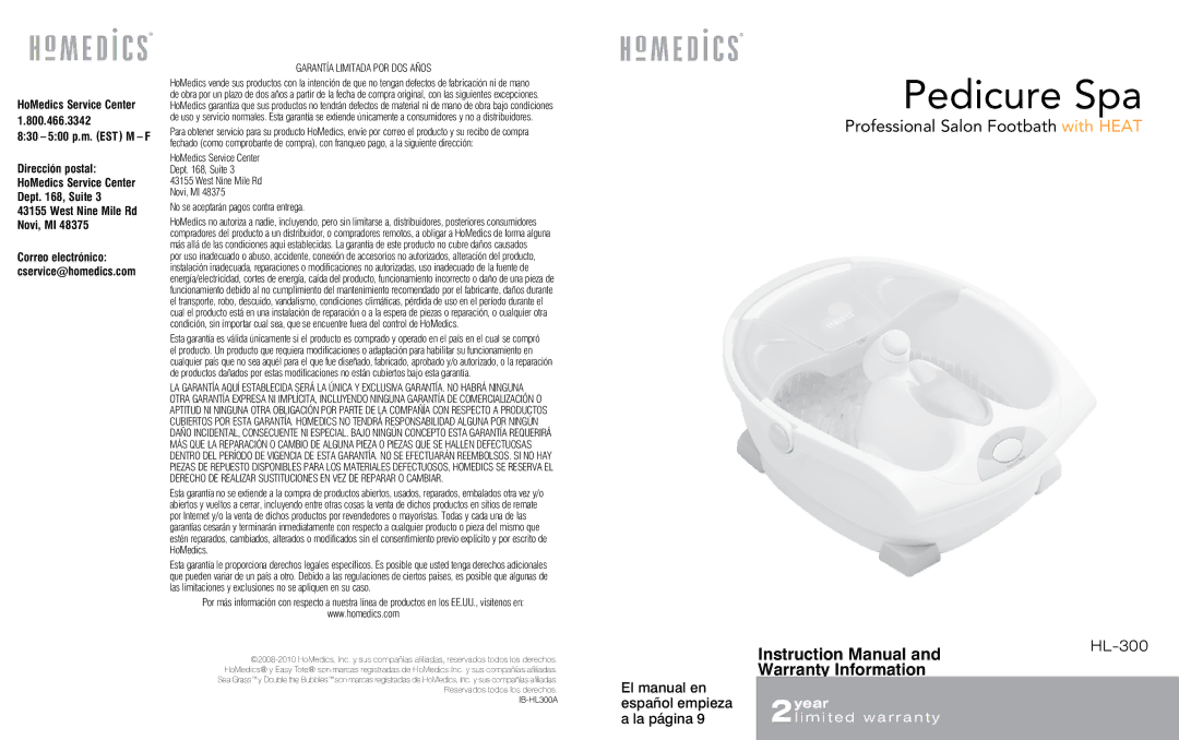 HoMedics HL-300 instruction manual Professional Salon Footbath with­ Heat, Garantía limitada por dos años 