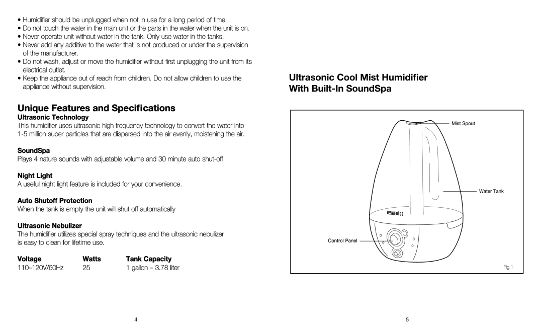 HoMedics HLM-SS10 manual Ultrasonic Technology, SoundSpa, Night Light, Auto Shutoff Protection, Ultrasonic Nebulizer 