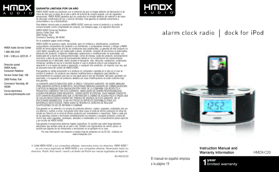 HoMedics HMDX-C20 instruction manual Warranty Information, El manual en español empieza a la página 