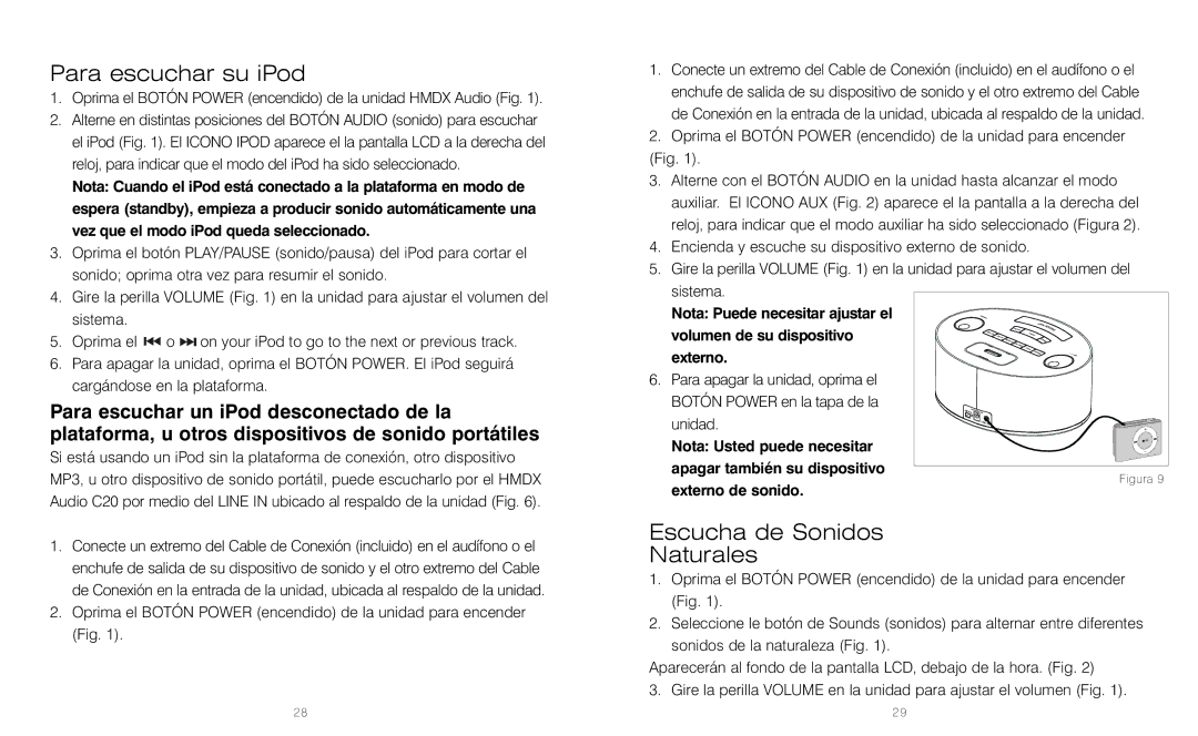 HoMedics HMDX-C20 instruction manual Para escuchar su iPod, Escucha de Sonidos Naturales 