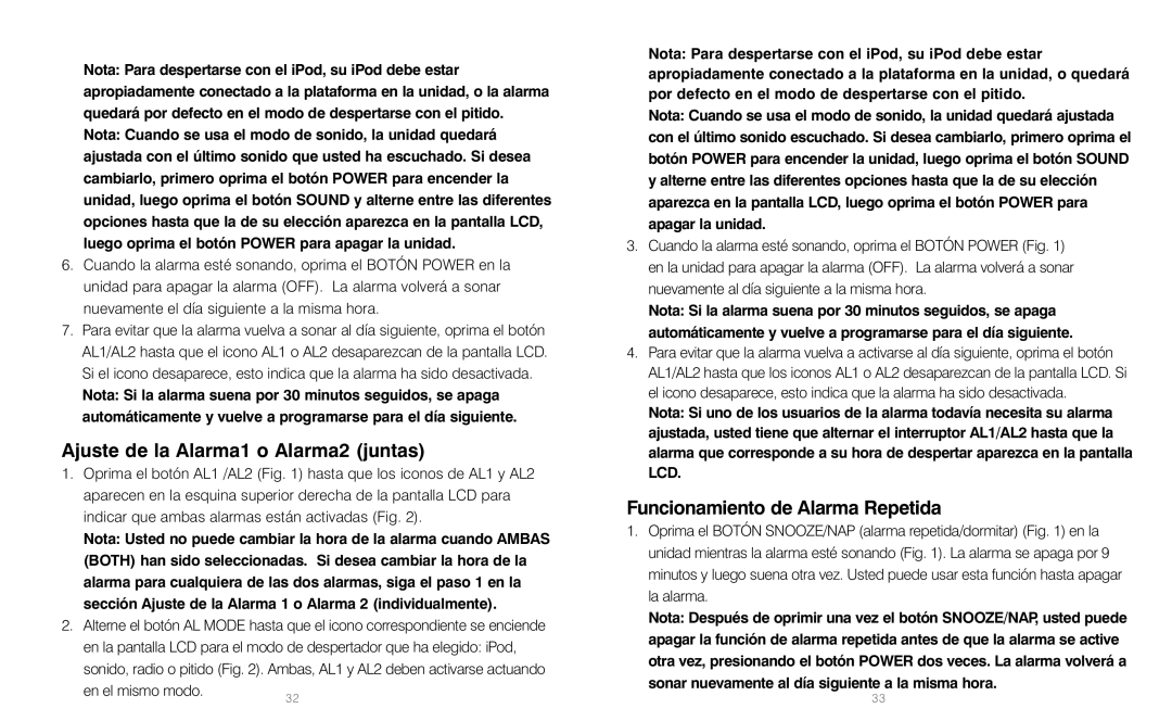 HoMedics HMDX-C20 Ajuste de la Alarma1 o Alarma2 juntas, Funcionamiento de Alarma Repetida, En el mismo modo 