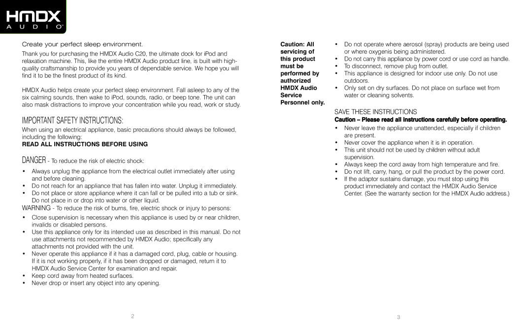 HoMedics HMDX-C20 instruction manual Important Safety Instructions 