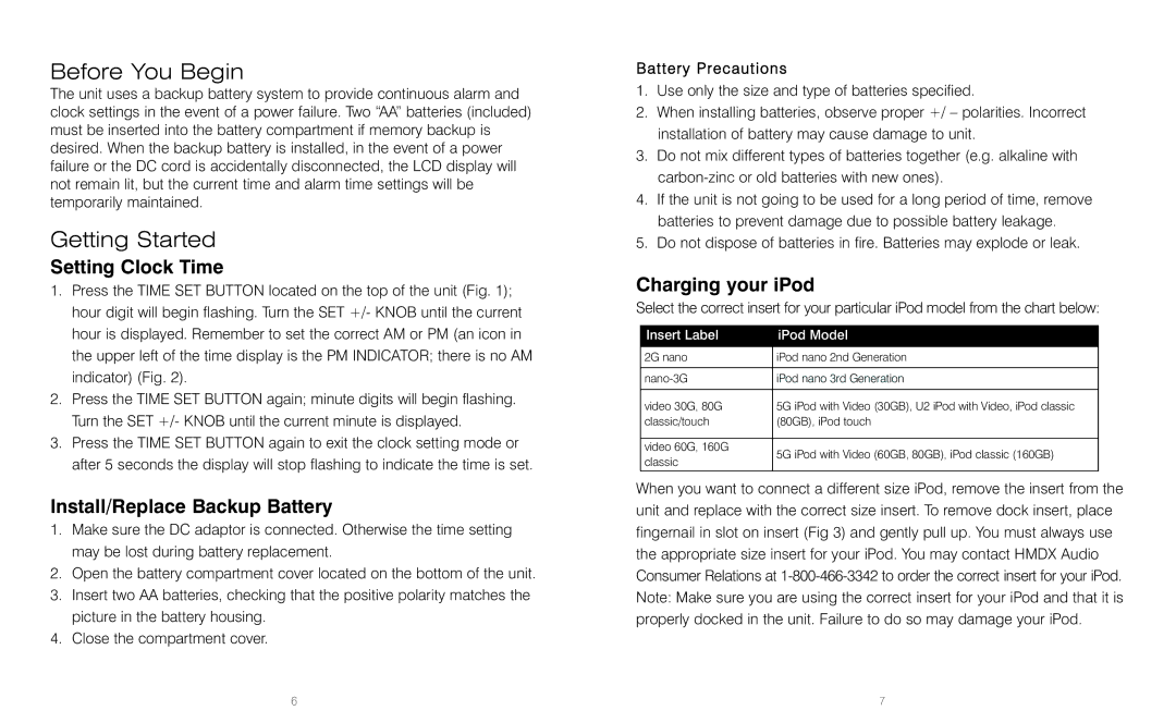 HoMedics HMDX-C20 instruction manual Before You Begin, Getting Started, Setting Clock Time, Install/Replace Backup Battery 