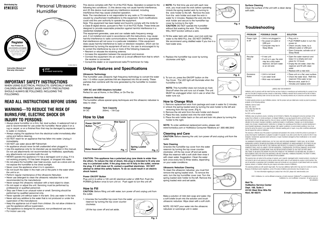 HoMedics HUM-CM10 important safety instructions Surface Cleaning, Ultrasonic Technology, 120V AC and USB Adaptors Included 