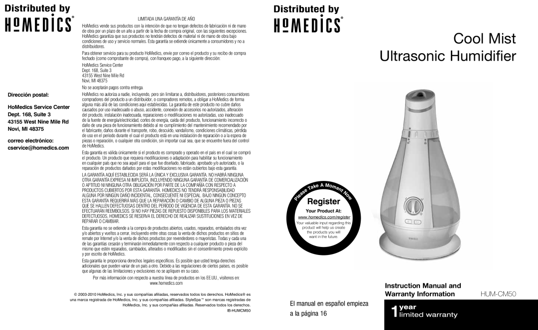 HoMedics HUM-CM50 instruction manual Warranty Information, Correo electrónico cservice@homedics.com 