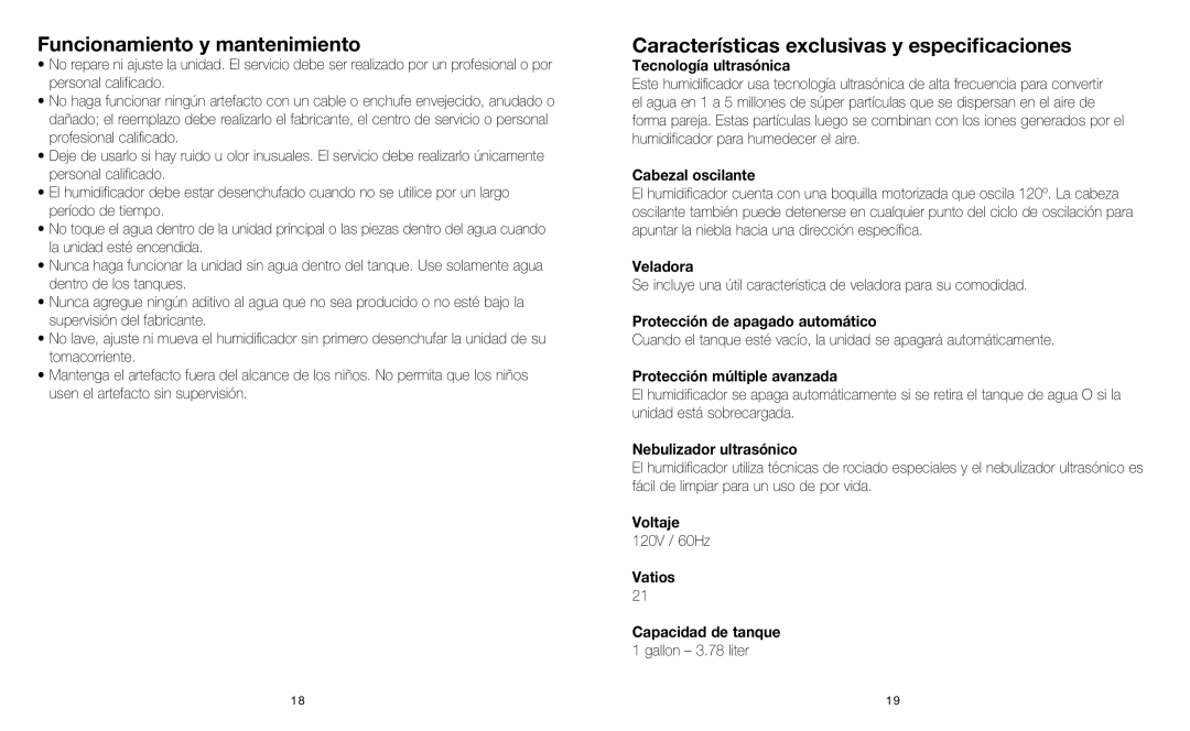 HoMedics HUM-CM50 instruction manual Funcionamiento y mantenimiento, Características exclusivas y especificaciones 