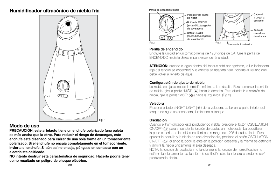 HoMedics HUM-CM50 Humidificador ultrasónico de niebla fría, Modo de uso, Configuración de ajuste de niebla, Oscilación 