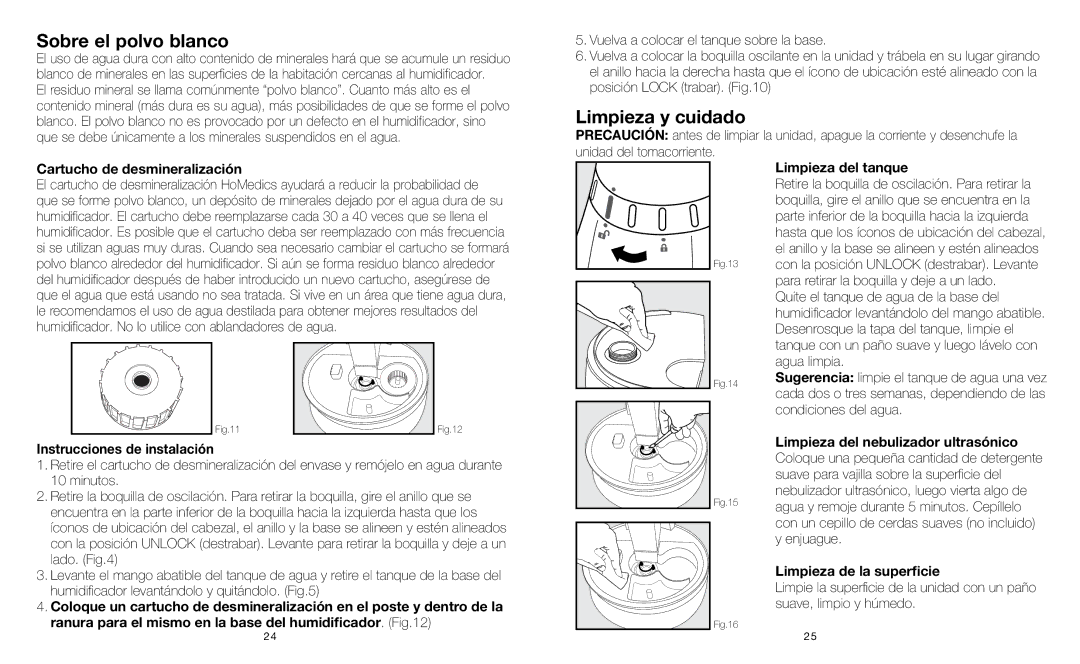 HoMedics HUM-CM50 instruction manual Sobre el polvo blanco, Limpieza y cuidado 