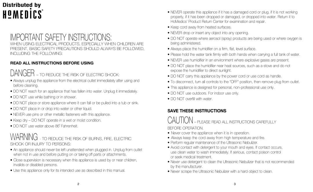 HoMedics HUM-CM50 instruction manual Important Safety Instructions, Read ALL Instructions Before Using 