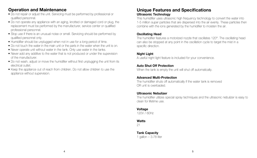 HoMedics HUM-CM50 instruction manual Operation and Maintenance, Unique Features and Specifications 