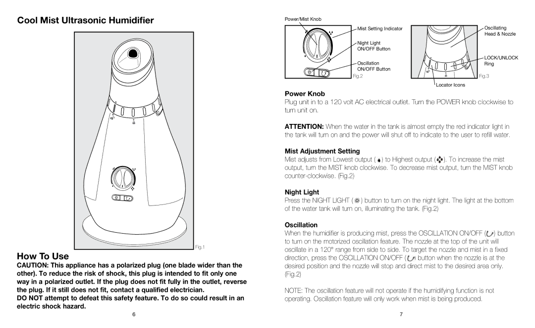 HoMedics HUM-CM50 instruction manual Cool Mist Ultrasonic Humidifier, How To Use, Mist Adjustment Setting, Oscillation 