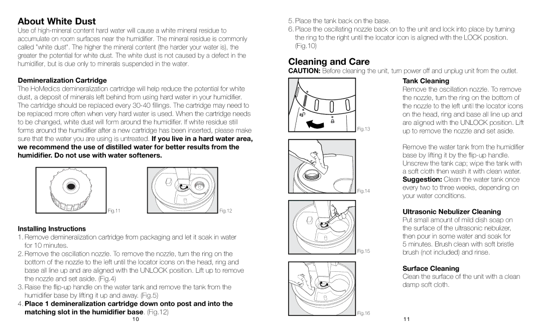 HoMedics HUM-CM50 instruction manual About White Dust, Cleaning and Care 