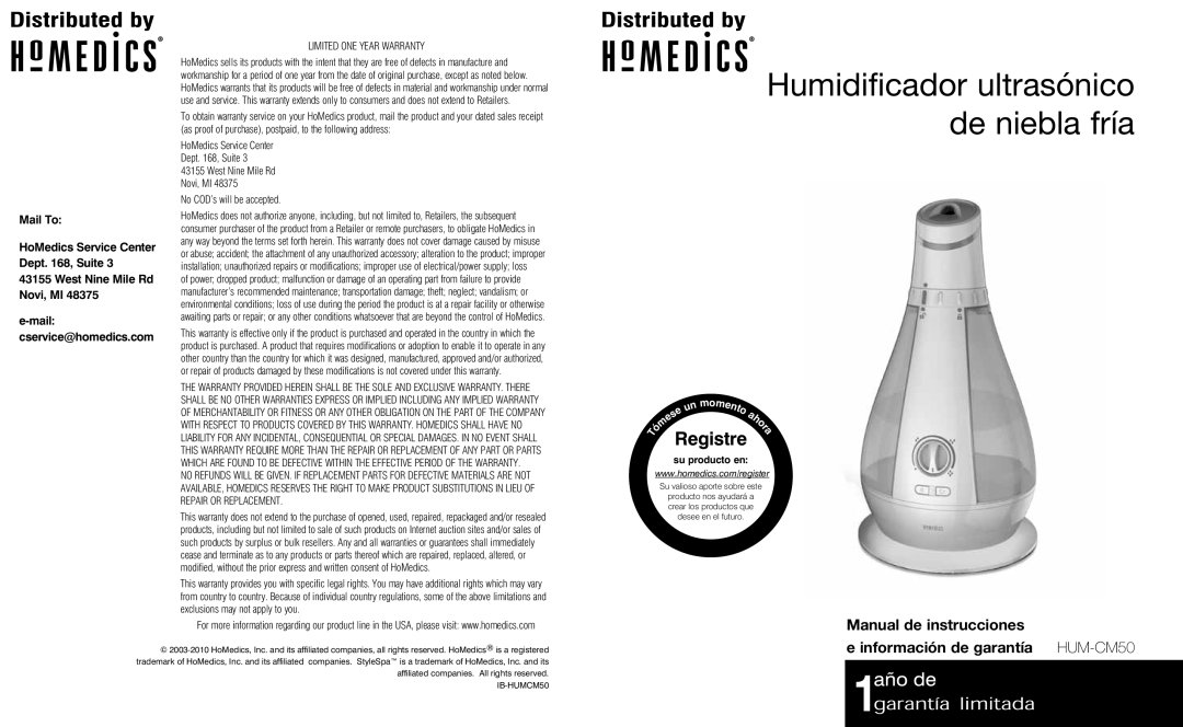 HoMedics instruction manual Manual de instrucciones Información de garantía HUM-CM50, Mail cservice@homedics.com 