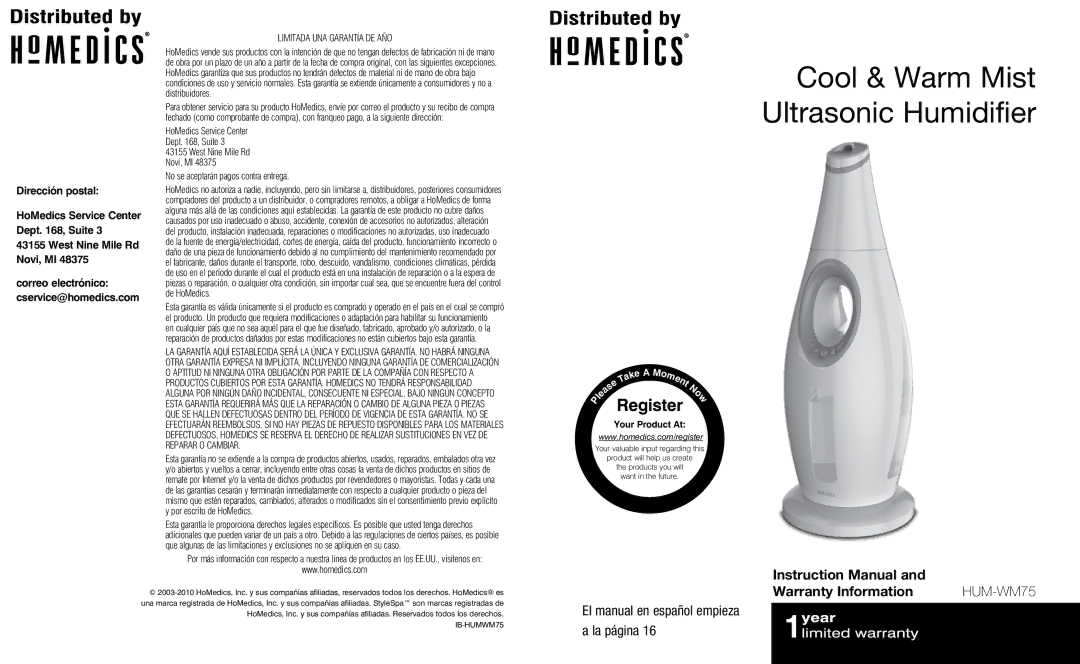 HoMedics HUM-WM75 instruction manual Warranty Information, Correo electrónico cservice@homedics.com 