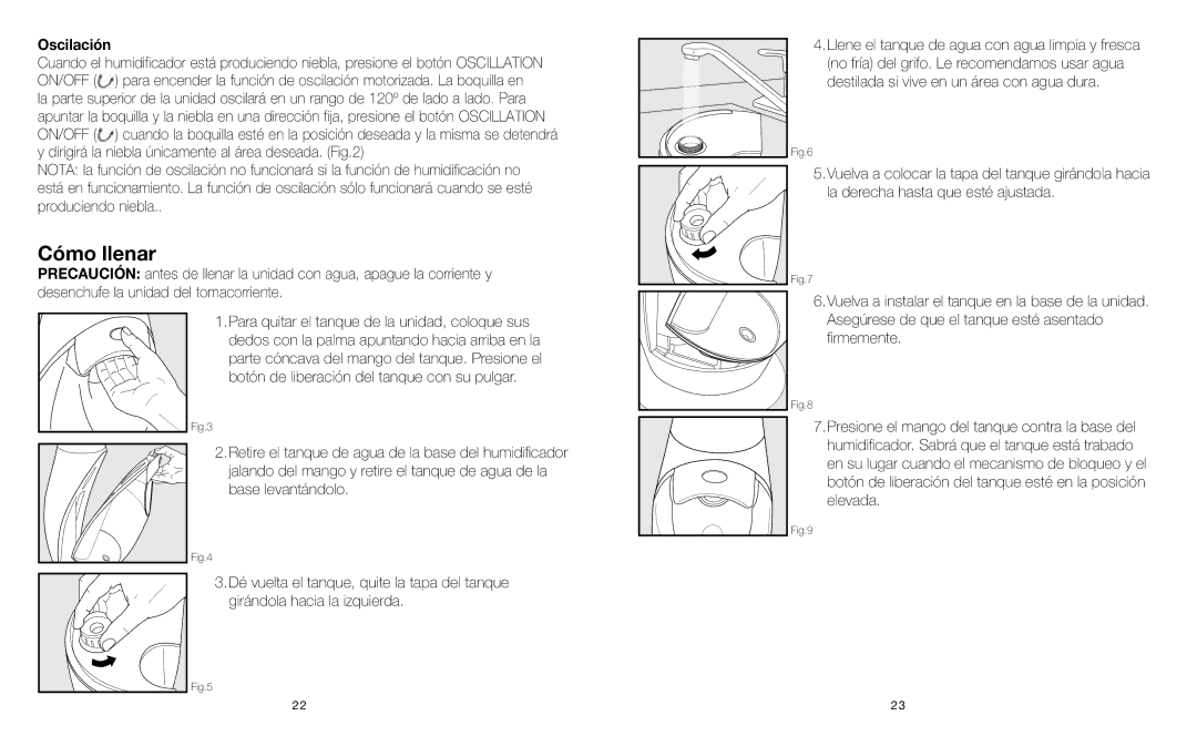 HoMedics HUM-WM75 instruction manual Cómo llenar, Oscilación 