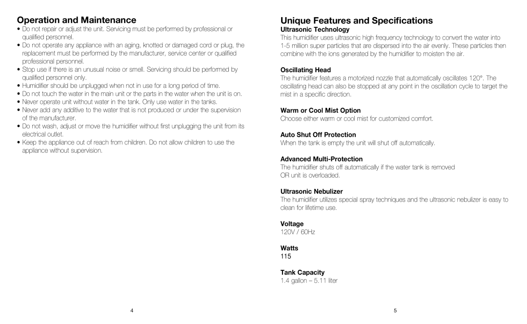 HoMedics HUM-WM75 instruction manual Operation and Maintenance, Unique Features and Specifications 