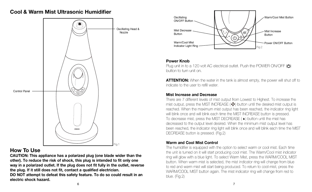 HoMedics HUM-WM75 Cool & Warm Mist Ultrasonic Humidifier, How To Use, Power Knob, Mist Increase and Decrease 