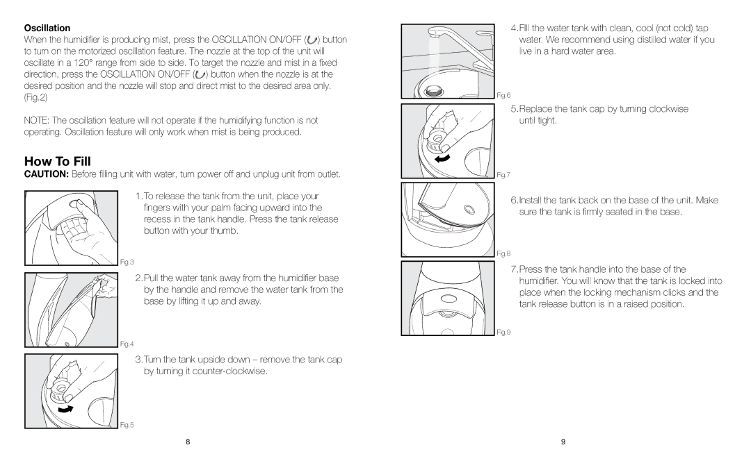 HoMedics HUM-WM75 instruction manual How To Fill, Oscillation 