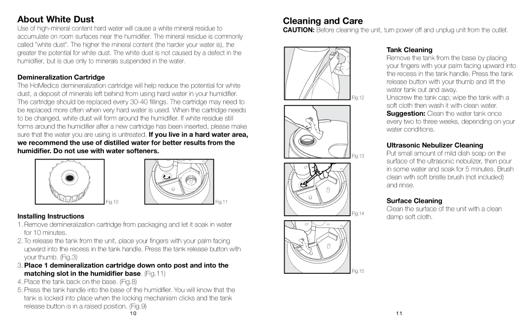 HoMedics HUM-WM75 instruction manual About White Dust, Cleaning and Care 