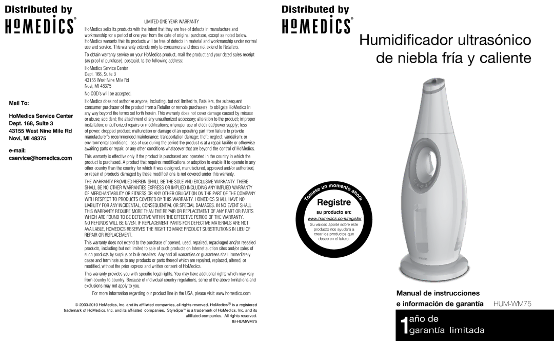 HoMedics instruction manual Manual de instrucciones Información de garantía HUM-WM75, Mail cservice@homedics.com 