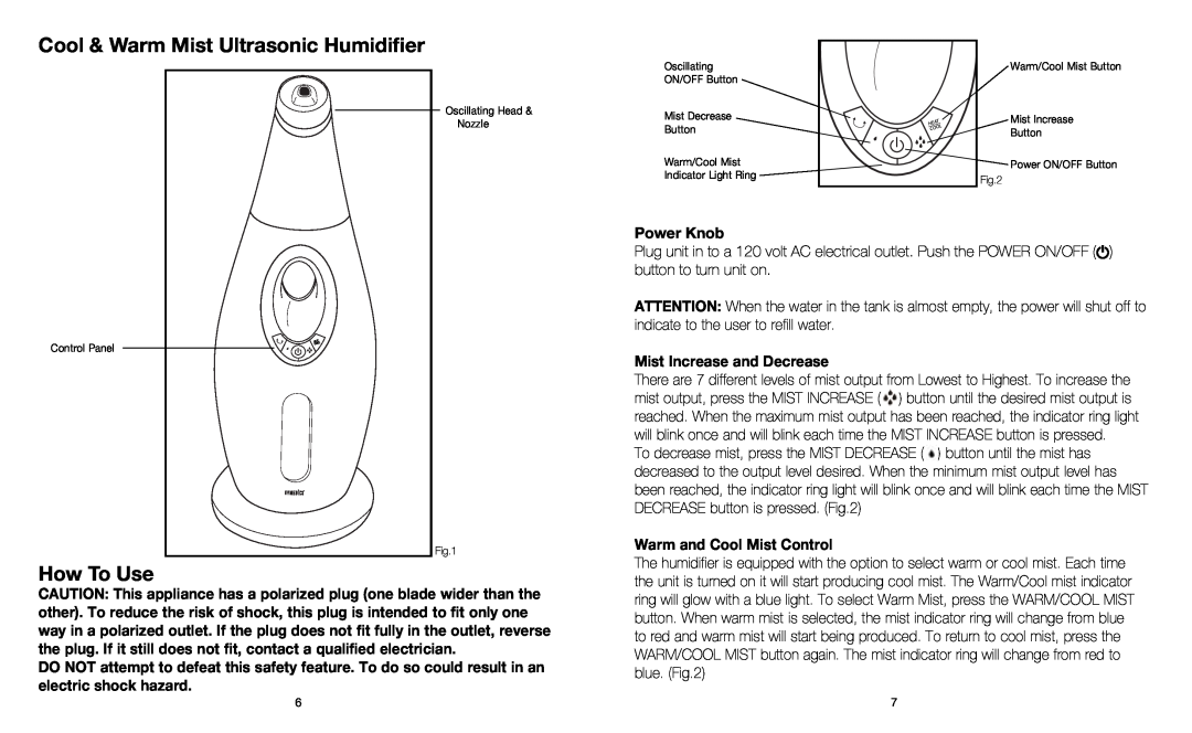 HoMedics HUM-WM75 Cool & Warm Mist Ultrasonic Humidifier, How To Use, Power Knob, Mist Increase and Decrease 