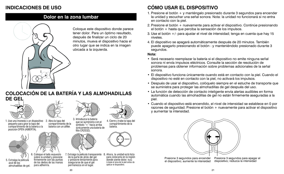 HoMedics HWP105 manual Indicaciones DE USO, Colocación DE LA Batería Y LAS Almohadillas DE GEL, Cómo Usar EL Dispositivo 