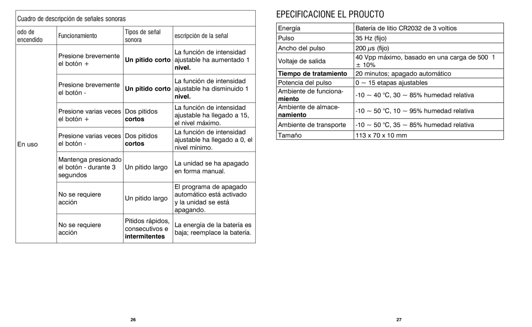 HoMedics HWP105 manual Especificaciones DEL Producto 