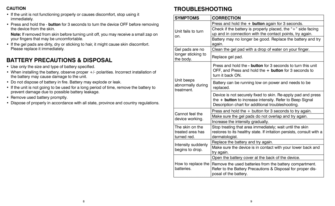 HoMedics HWP105 manual Battery Precautions & Disposal, Troubleshooting 