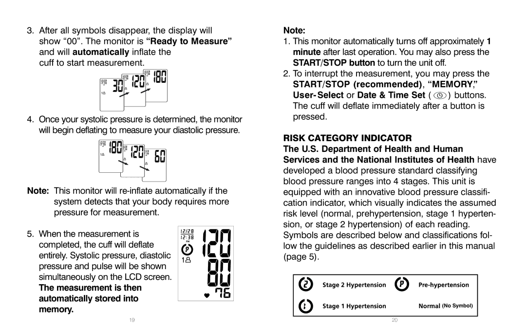 HoMedics BPA-060, IB-BPA060A, PP-BPCUFF5 manual Measurement is then automatically stored into memory, Risk Category Indicator 