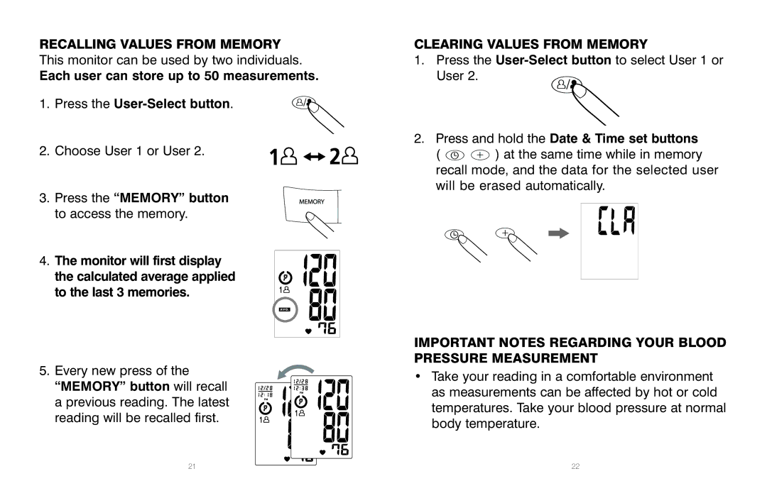 HoMedics IB-BPA060A Recalling Values from Memory, Clearing Values from Memory, Press and hold the Date & Time set buttons 