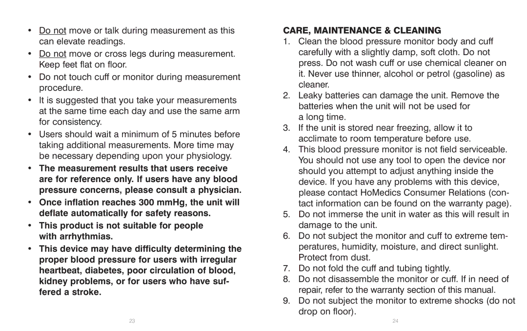 HoMedics PP-BPCUFF5, IB-BPA060A, BPA-060 manual CARE, Maintenance & Cleaning 