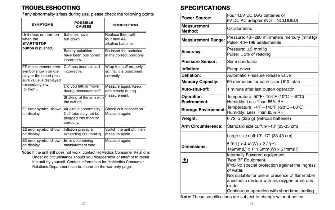 HoMedics IB-BPA060A, PP-BPCUFF5, BPA-060 manual Troubleshooting, Specifications 
