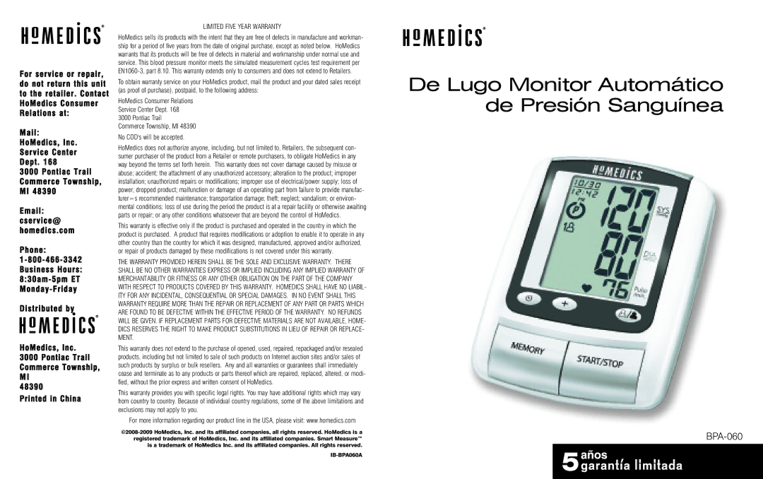 HoMedics PP-BPCUFF5, IB-BPA060A, BPA-060 manual De Lugo Monitor Automático de Presión Sanguínea 