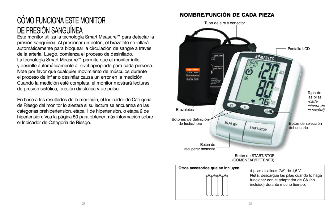 HoMedics BPA-060, IB-BPA060A, PP-BPCUFF5 manual Cómo Funciona Este Monitor DE Presión Sanguínea, NOMBRE/FUNCIÓN DE Cada Pieza 