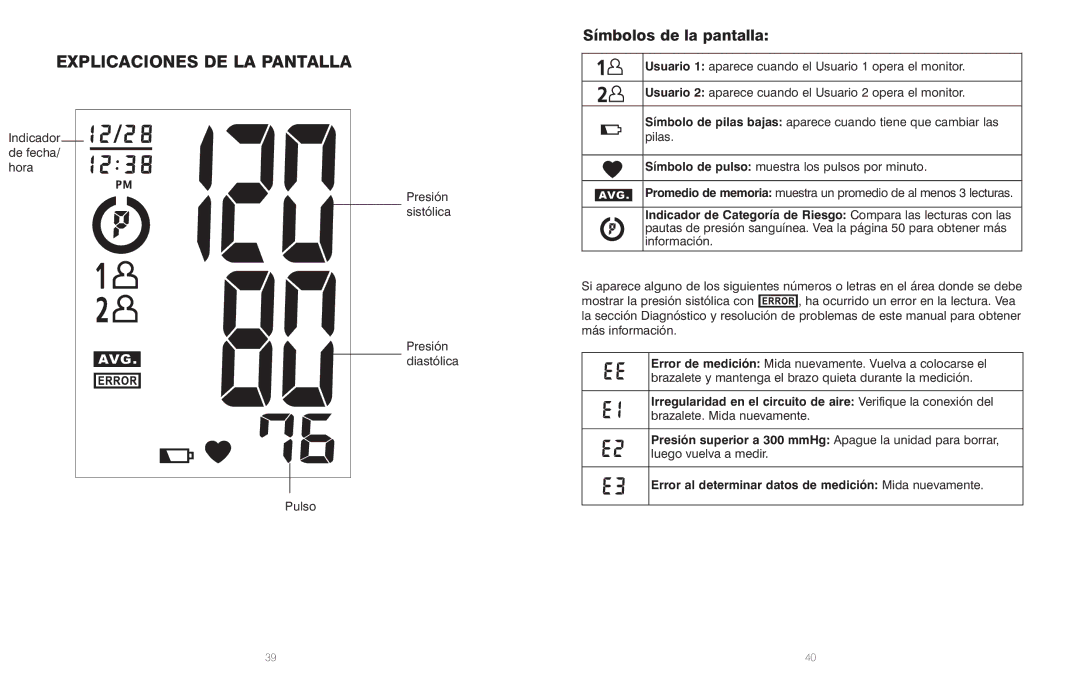 HoMedics IB-BPA060A, PP-BPCUFF5, BPA-060 manual Explicaciones DE LA Pantalla, Símbolos de la pantalla 