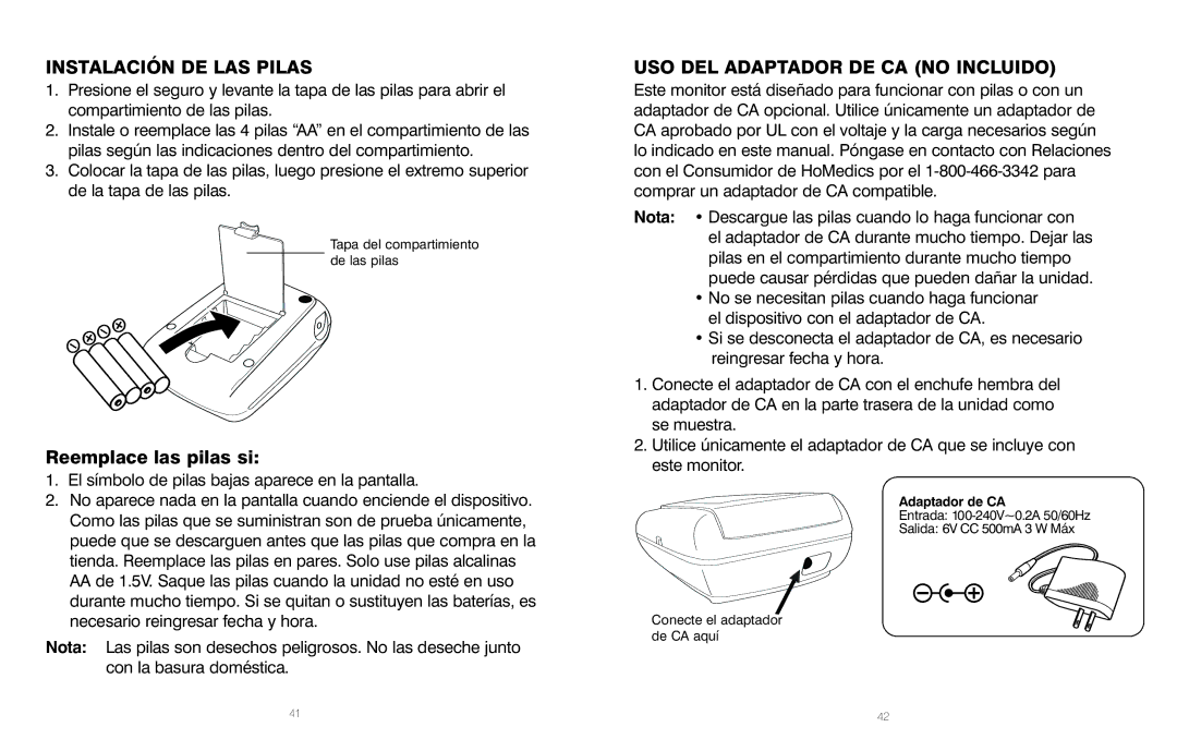 HoMedics PP-BPCUFF5, IB-BPA060A, BPA-060 manual Instalación DE LAS Pilas, USO DEL Adaptador DE CA no Incluido 